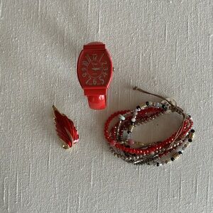 Red Cuff Watch and Bracelet and Brooch Bundle